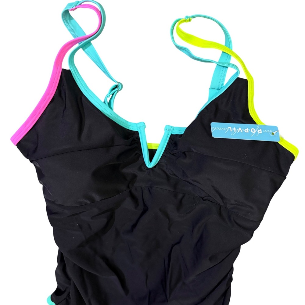 Popvil Womens One Piece Swimsuit Tummy‎ Control Retro Neon Black Small - Picture 5 of 5
